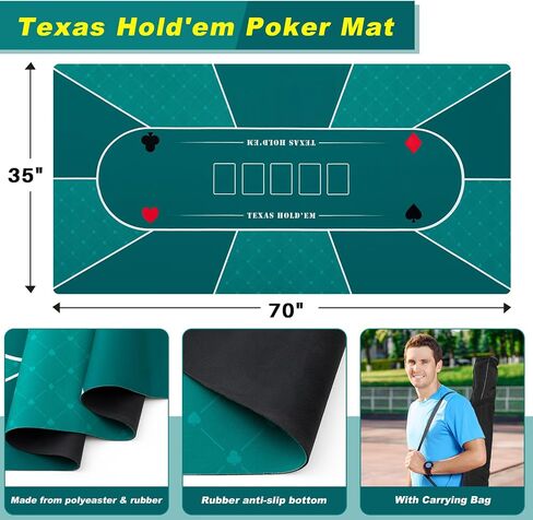 Poen Poker Table Top Foldable 70'' x 35'' Texas Holdem Poker Mat with 8 Coasters, Automatic Card Shuffler for 2 Deck, Carrying Bag, Card Table Top Layout for Blackjack, Game Nights up to 10 Players in Saudi Arabia