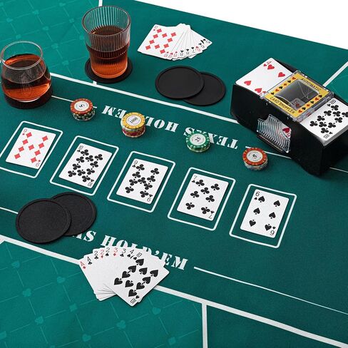 Poen Poker Table Top Foldable 70'' x 35'' Texas Holdem Poker Mat with 8 Coasters, Automatic Card Shuffler for 2 Deck, Carrying Bag, Card Table Top Layout for Blackjack, Game Nights up to 10 Players in Saudi Arabia