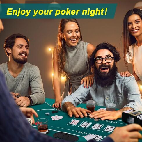 Poen Poker Table Top Foldable 70'' x 35'' Texas Holdem Poker Mat with 8 Coasters, Automatic Card Shuffler for 2 Deck, Carrying Bag, Card Table Top Layout for Blackjack, Game Nights up to 10 Players in Saudi Arabia