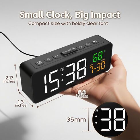 Netzu 3-in-1 Digital Clocks for Living Room with Temperature, Date & Time Display - 4 Levels Birghtness, 3 Volumes, Small & Compact Plug-in Alarm Clock for Bedroom, Office in Kuwait