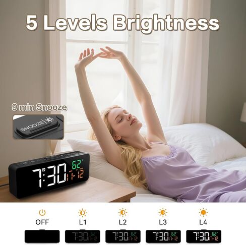 Netzu 3-in-1 Digital Clocks for Living Room with Temperature, Date & Time Display - 4 Levels Birghtness, 3 Volumes, Small & Compact Plug-in Alarm Clock for Bedroom, Office in Kuwait