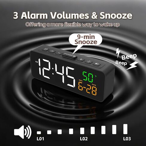 Netzu 3-in-1 Digital Clocks for Living Room with Temperature, Date & Time Display - 4 Levels Birghtness, 3 Volumes, Small & Compact Plug-in Alarm Clock for Bedroom, Office in Kuwait