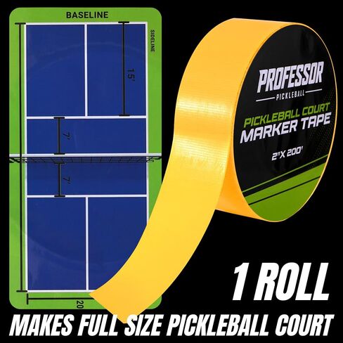 Professor Pickleball Court Tape - Makes Full Size Court - Outdoor Pickleball Marking Kit - 2" x 200 FT, Yellow Tape for Temporary Court Lines, No Residue, Quick and Easy Application in Saudi Arabia