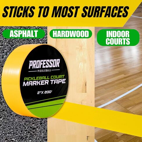 Professor Pickleball Court Tape - Makes Full Size Court - Outdoor Pickleball Marking Kit - 2" x 200 FT, Yellow Tape for Temporary Court Lines, No Residue, Quick and Easy Application in Saudi Arabia
