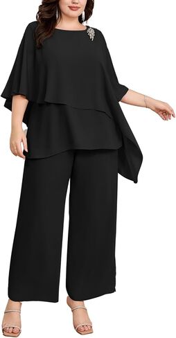 Hanna Nikole Plus Size Mother of Bride Pant Suits 2 Piece Chiffon Sets Ruffle Layers Wedding Guest Outfit in Kuwait