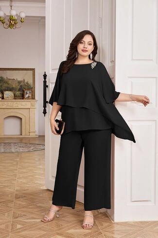 Hanna Nikole Plus Size Mother of Bride Pant Suits 2 Piece Chiffon Sets Ruffle Layers Wedding Guest Outfit in Kuwait