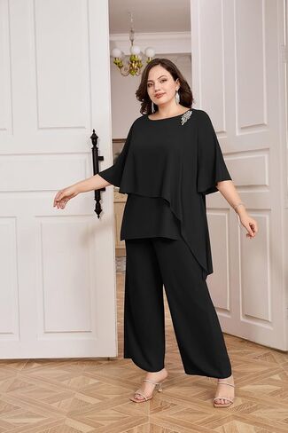 Hanna Nikole Plus Size Mother of Bride Pant Suits 2 Piece Chiffon Sets Ruffle Layers Wedding Guest Outfit in Kuwait