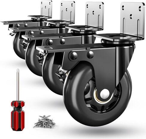 Side Mount Plate Caster Wheels - Thickened L-Shaped Mounting ，Heavy Duty 1200 LBS，Set of 4 with Brake，360° Swivel，Locking，Castor Wheels for Furniture，Carts，Cabinet，Table(Black, 3 inchs) in Kuwait