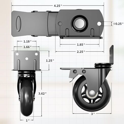 Side Mount Plate Caster Wheels - Thickened L-Shaped Mounting ，Heavy Duty 1200 LBS，Set of 4 with Brake，360° Swivel，Locking，Castor Wheels for Furniture，Carts，Cabinet，Table(Black, 3 inchs) in Kuwait