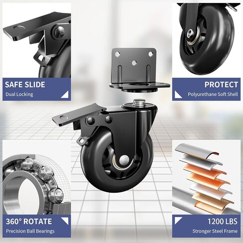 Side Mount Plate Caster Wheels - Thickened L-Shaped Mounting ，Heavy Duty 1200 LBS，Set of 4 with Brake，360° Swivel，Locking，Castor Wheels for Furniture，Carts，Cabinet，Table(Black, 3 inchs) in Kuwait