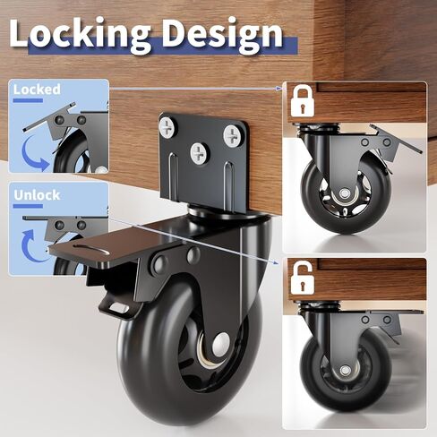 Side Mount Plate Caster Wheels - Thickened L-Shaped Mounting ，Heavy Duty 1200 LBS，Set of 4 with Brake，360° Swivel，Locking，Castor Wheels for Furniture，Carts，Cabinet，Table(Black, 3 inchs) in Kuwait