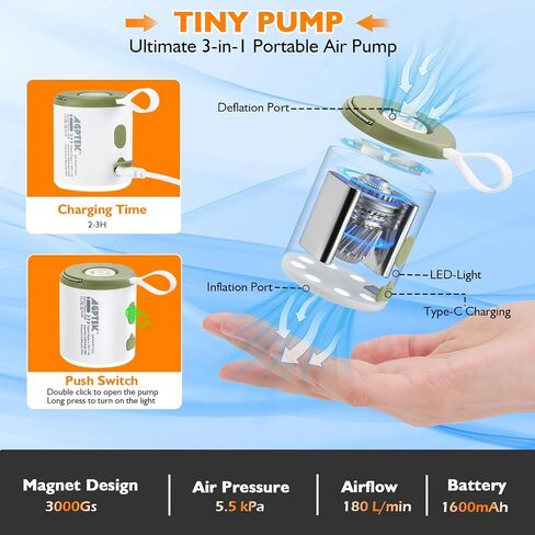 AGPTEK Portable Air Pump for Inflatables, 5.5kPa 1600mAh Tiny Rechargeable Electric air Pump with Led Light for Air Mattress Pool Floats, Vacuum Storage Bags Camping Magnetic Mini Inflator in Saudi Arabia