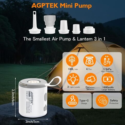 مضخة الهواء المحمولة Agptek للتطوير ، 5.5kpa 1600mAh مضخة الهواء الكهربائية القابلة لإعادة الشحن صغيرة مع مصباح LED لعوامات مرتبة الهواء ، وأكياس تخزين الفراغ المخيمات Magnet Mini in Kuwait