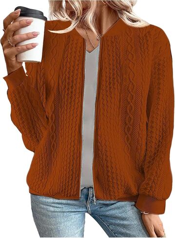 Verdusa Women's Cable Knit Zip Up Jacket Long Sleeve Baseball Collar Casual Bomber Jackets in Saudi Arabia