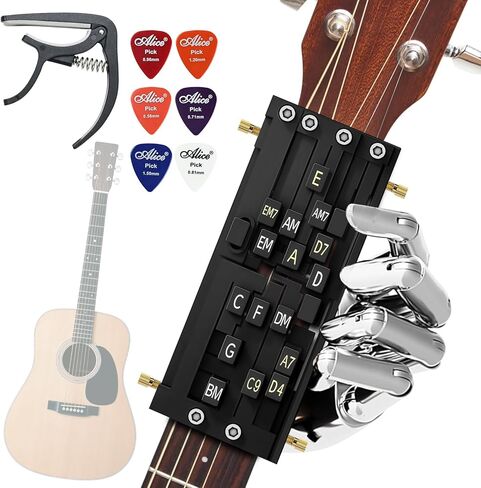 Guitar Chord Presser - Guitar Aid Chord Trainer للمبتدئين ، أداة ممارسة الجيتار و Chord Helper مع 6 اختيارات وكابو ، إكسسوارات مجموعة أدوات التعلم المحمولة للغيتار للقيثارات الصوتية in Kuwait