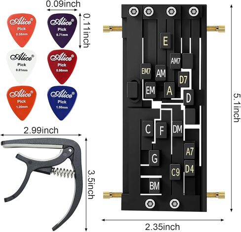 Guitar Chord Presser - Guitar Aid Chord Trainer للمبتدئين ، أداة ممارسة الجيتار و Chord Helper مع 6 اختيارات وكابو ، إكسسوارات مجموعة أدوات التعلم المحمولة للغيتار للقيثارات الصوتية in Kuwait