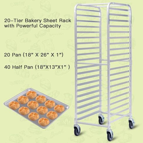 ReunionG 10 Tier Bun Pan Rack, Bakery Rack with 2 Lockable Wheels, 10 Sheet Aluminum Storage Cooling Trolley with Open Shelf, Dough Pizza Baking Mobile Rack for Home Commercial in Kuwait