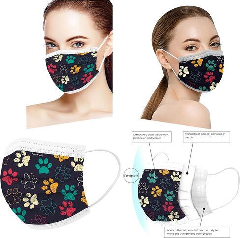 50PCS Paw Print Disposable Face Mask, 3 Ply Cute Pattern Face Masks for Adults Women Full Face Protection in Saudi Arabia