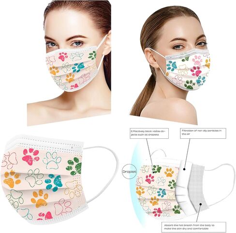 50PCS Paw Print Disposable Face Mask, 3 Ply Cute Pattern Face Masks for Adults Women Full Face Protection in Saudi Arabia