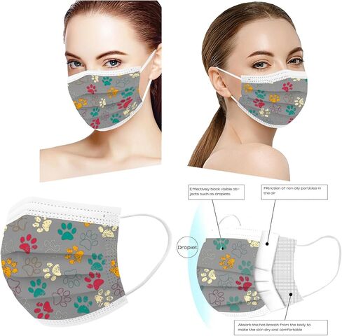 50PCS Paw Print Disposable Face Mask, 3 Ply Cute Pattern Face Masks for Adults Women Full Face Protection in Saudi Arabia