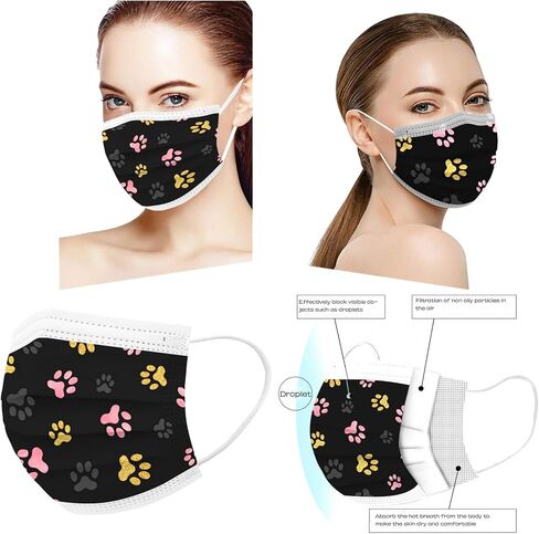 50PCS Paw Print Disposable Face Mask, 3 Ply Cute Pattern Face Masks for Adults Women Full Face Protection in Saudi Arabia
