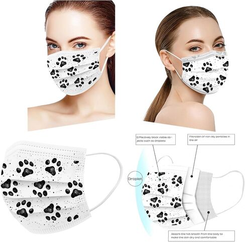 50PCS Paw Print Disposable Face Mask, 3 Ply Cute Pattern Face Masks for Adults Women Full Face Protection in Saudi Arabia