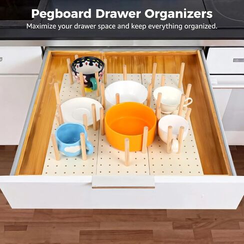 6pcs منظم درج Pegboard Wood مع 48 أوتاد ، وربط خشبي لوحة درج الجرف المنظم نظام ربط قابلة للتعديل للأطباق والحاويات والأدوات in Saudi Arabia