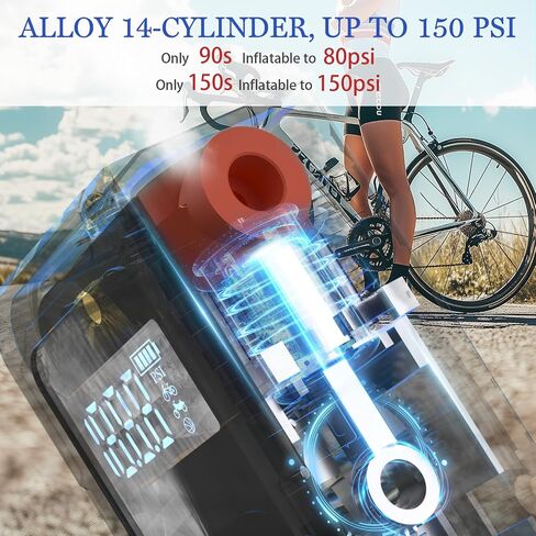 Tiny Bicycle Pump with Gauge, Max 150 PSI Electric Mini Pump, Auto Stop, with Presta and Schrader Valve for E-Bike, MTB, and Road Bike,with LED Night Lighting in Saudi Arabia