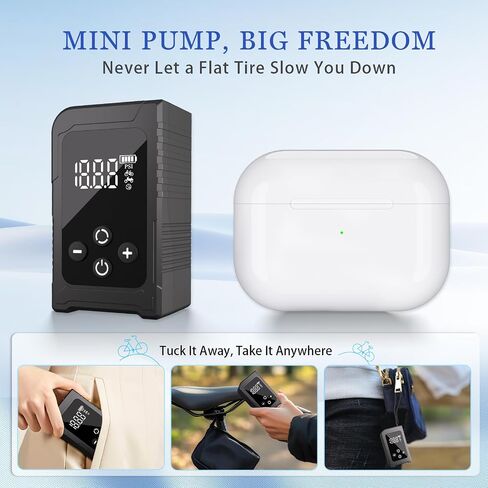 Tiny Bicycle Pump with Gauge, Max 150 PSI Electric Mini Pump, Auto Stop, with Presta and Schrader Valve for E-Bike, MTB, and Road Bike,with LED Night Lighting in Saudi Arabia
