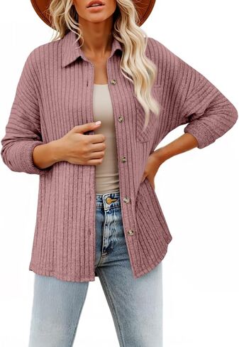SHEWIN Womens Ribbed Knit Shacket Jacket Casual Long Sleeve Button Down Shirts Loose Sweater Tops Dressy Blouses with Pocket in Saudi Arabia
