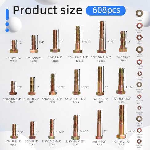 608 PCS الصف الثامن من البراغي والمكسرات مجموعة التشويش ، 1/4-20 ، 5/16-18 ، 3/8-16 ، 1/2-13 in Saudi Arabia