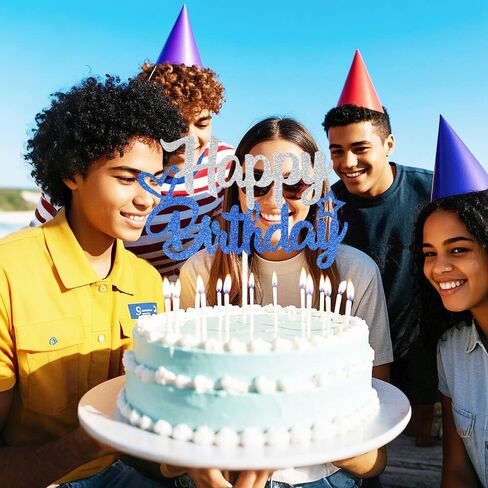 Silver Glitter "عيد ميلاد سعيد" الكعكة Topper - ورقة بريق وعصا - جاهزة للاستخدام in Kuwait