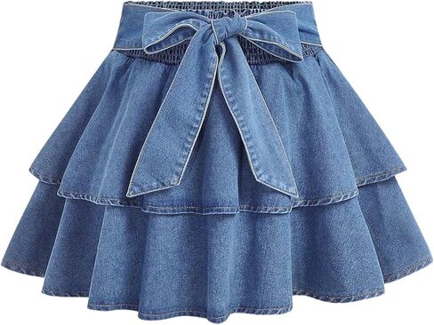 WDIRARA Women's Plus Size Bow Tie Mini Denim Skirt Layered Ruffle Elastic Waist A Line Jean Skirts in Saudi Arabia