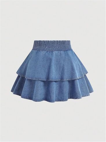 WDIRARA Women's Plus Size Bow Tie Mini Denim Skirt Layered Ruffle Elastic Waist A Line Jean Skirts in Saudi Arabia