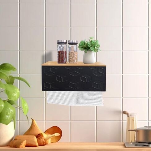 Bamboo Paper Towel Dispenser/Holder with Lid for Home and Commercial, Wall Mount or Countertop for Multifold, C Fold, Z fold, Trifold Hand Towels (Black) (Black) in Saudi Arabia