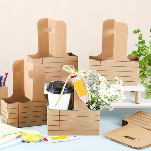24 Set Back to School Appreciation Gifts 2 Cup Drink Carrier with Handle Kraft Cardboard Cup Holder with Greeting Card and Ribbon Thank You Gift for Teacher Appreciation (Brown) in Saudi Arabia