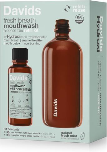 Davids Hydroxi Fresh Breath Mouthwash Starter Kit, Alcohol-Free, Fluoride-Free, Nano-Hydroxyapatite for Remineralizing & Enamel Health, Relieves Dry Mouth, Fresh Mint, 16 fl oz in Kuwait