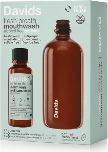 Davids Hydroxi Fresh Breath Mouthwash Starter Kit, Alcohol-Free, Fluoride-Free, Nano-Hydroxyapatite for Remineralizing & Enamel Health, Relieves Dry Mouth, Fresh Mint, 16 fl oz in Kuwait