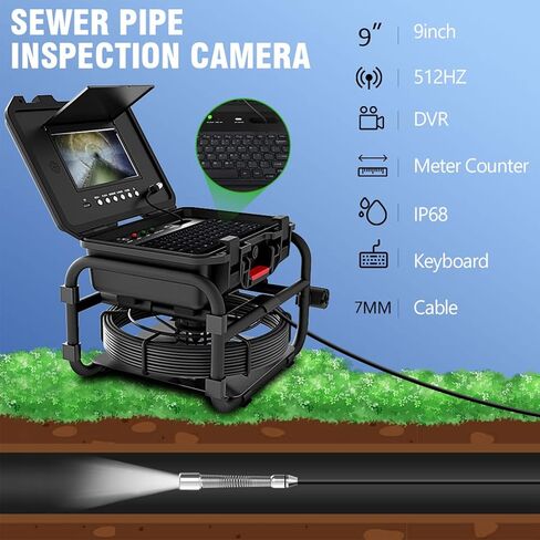 Drain Camera with 512 Hz Locator, 9 Inches Sewer Camera, Industrial Endoscope with DVR Video Recording + Meter Counter + 7MM Fiberglass Cable,20M in Saudi Arabia