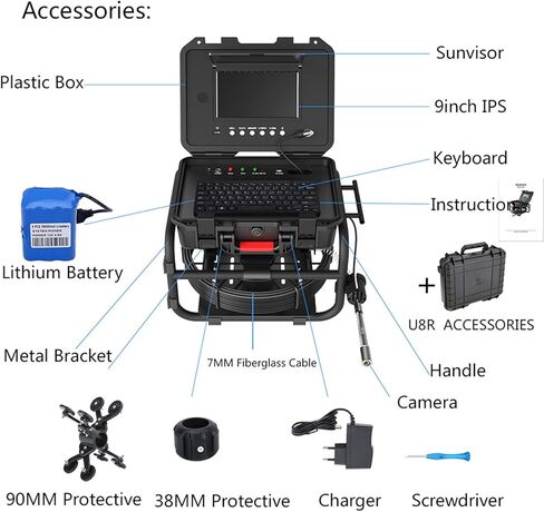 Drain Camera with 512 Hz Locator, 9 Inches Sewer Camera, Industrial Endoscope with DVR Video Recording + Meter Counter + 7MM Fiberglass Cable,20M in Saudi Arabia