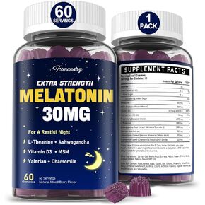 Melatonin Gummies 30mg للبالغين: مكملات الميلاتونين القصوى مع L-theanine ، Ashwagandha ، MSM ، فيتامين D3 والزنك-تشكيل غير حادة ، لدورة الراحة ، zzzs العميقة ، نكهة التوت المختلطة الطبيعية in Kuwait
