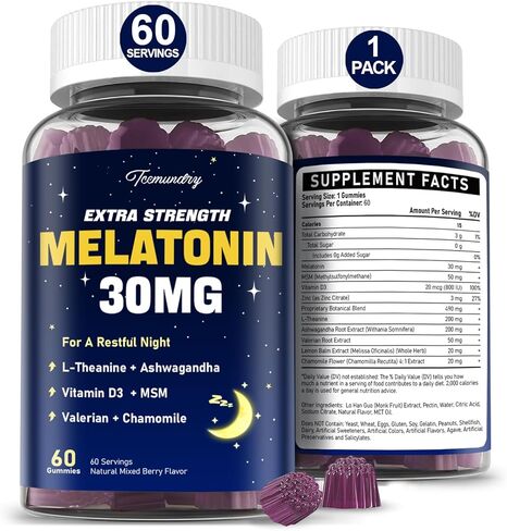 Melatonin Gummies 30mg للبالغين: مكملات الميلاتونين القصوى مع L-theanine ، Ashwagandha ، MSM ، فيتامين D3 والزنك-تشكيل غير حادة ، لدورة الراحة ، zzzs العميقة ، نكهة التوت المختلطة الطبيعية in Kuwait