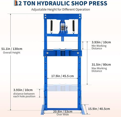 12 Ton Hydraulic Press, Heavy Duty H-Frame Garage Floor Shop Press with Adjustable Worktable & Plates, for Metal Bending, Straightening, Installing Bearings & U-Joints,Blue in Saudi Arabia