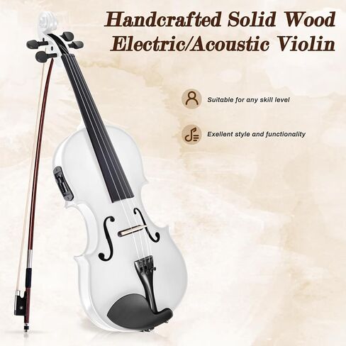 Electric/Acoustic Violin with Ebony Accessories with Carrying Case, Violin Bow, Bridge, Rosin, Shoulder Rest, Stickers, Tuner, Instruction, Handcraft with Maple, Spruce (White) in Kuwait