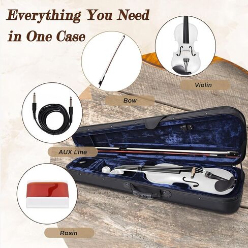 Electric/Acoustic Violin with Ebony Accessories with Carrying Case, Violin Bow, Bridge, Rosin, Shoulder Rest, Stickers, Tuner, Instruction, Handcraft with Maple, Spruce (White) in Kuwait