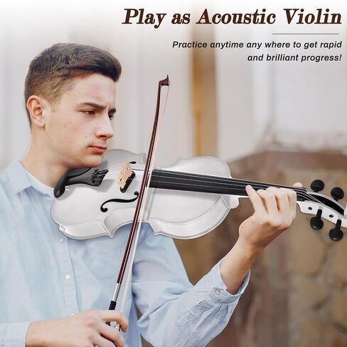 Electric/Acoustic Violin with Ebony Accessories with Carrying Case, Violin Bow, Bridge, Rosin, Shoulder Rest, Stickers, Tuner, Instruction, Handcraft with Maple, Spruce (White) in Kuwait