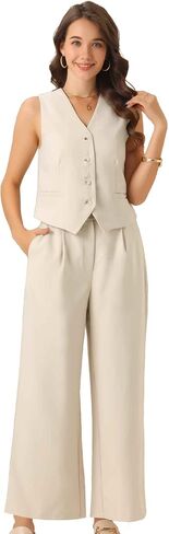 Allegra K Two Piece Outfits for Women's Button Front Sleeveless Vest Wide Leg Pants Matching Sets in Saudi Arabia