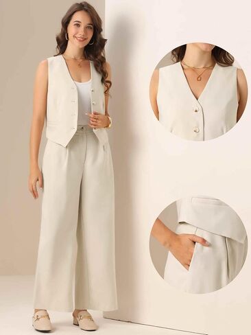Allegra K Two Piece Outfits for Women's Button Front Sleeveless Vest Wide Leg Pants Matching Sets in Saudi Arabia
