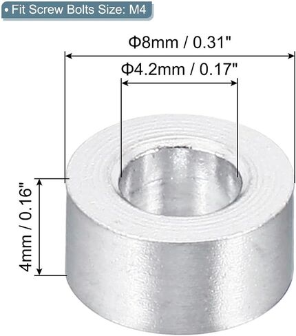 أعلى 10pcs فاصل الألومنيوم M4 ، معرف 4.2 مم × 8 ملم OD x 4mm فاصل معدني ، مستدير للتشطيب المسمار المسمار البلاط بمسامير ومسامير M4 in Saudi Arabia