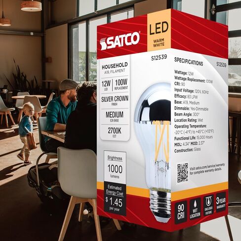 Satco LED A19 LAMP 12W 100W مكافئ 2700K دافئ أبيض 90+ CRI Silver Crown قاعدة 120 فولت Dimmable - الجزء S12539 (2 عبوة) in Saudi Arabia